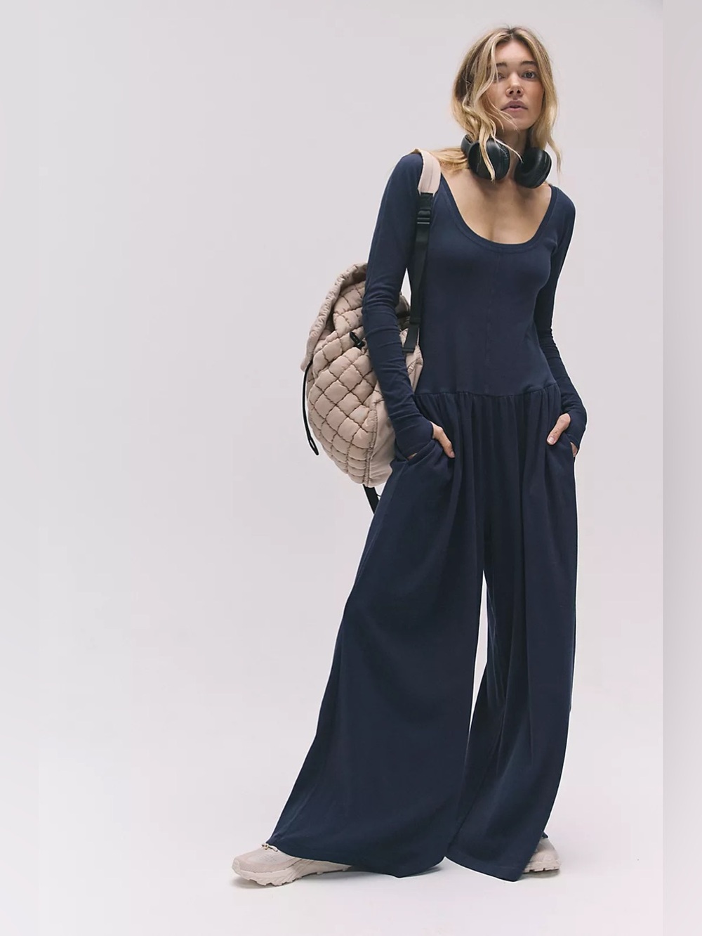 NWT FREE PEOPLE MOVEMENT Hot Shot Wide-Leg Onesie | Midnight Navy MSRP $128